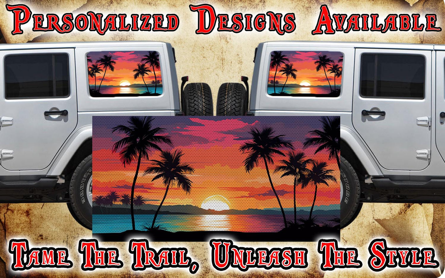 Sunset beach Rear quarter window see through graphic.