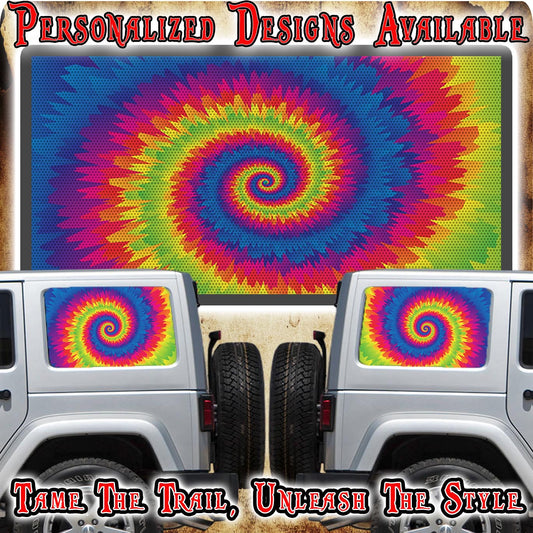 Tie dye print Rear quarter window see through graphic.