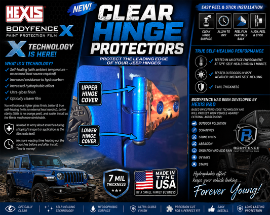 Clear HEXIS BODYFENCE X paint protection film kit for Jeep Wrangler JL and Gladiator JT door hinges