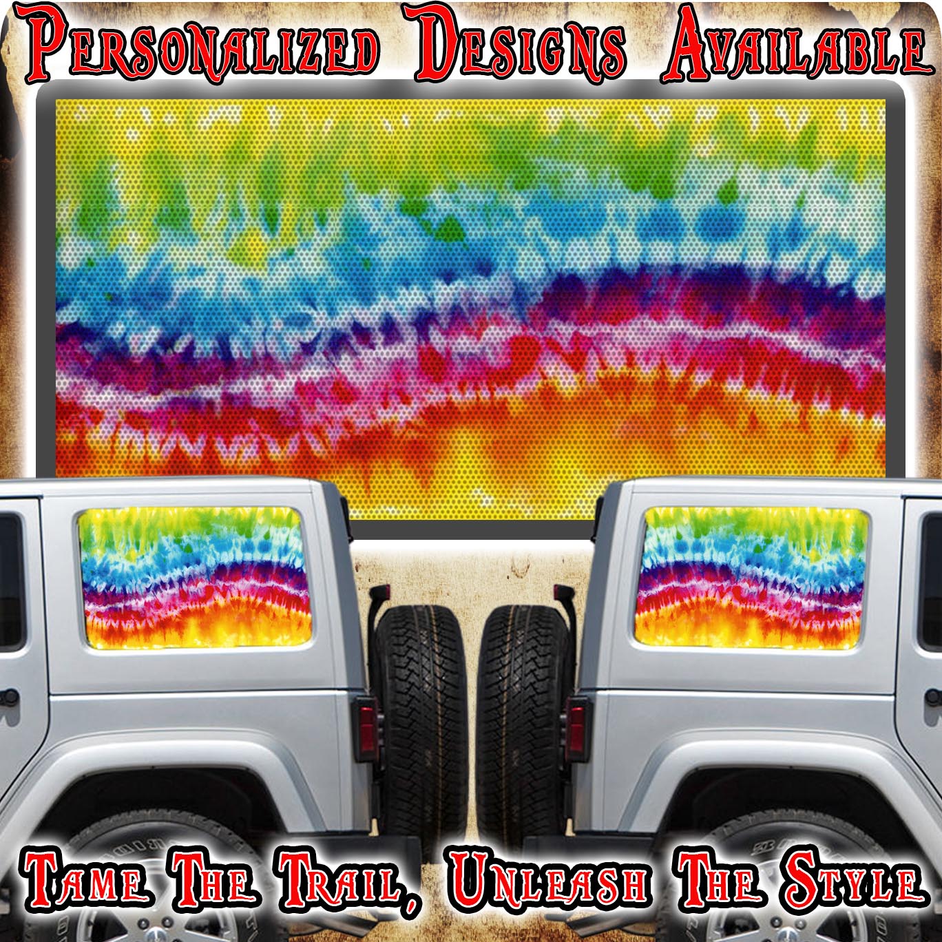 Tie dye print Rear quarter window see through graphic.