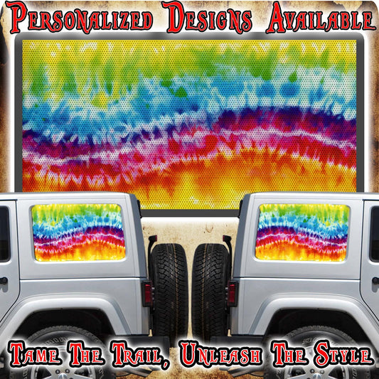 Tie dye print Rear quarter window see through graphic.