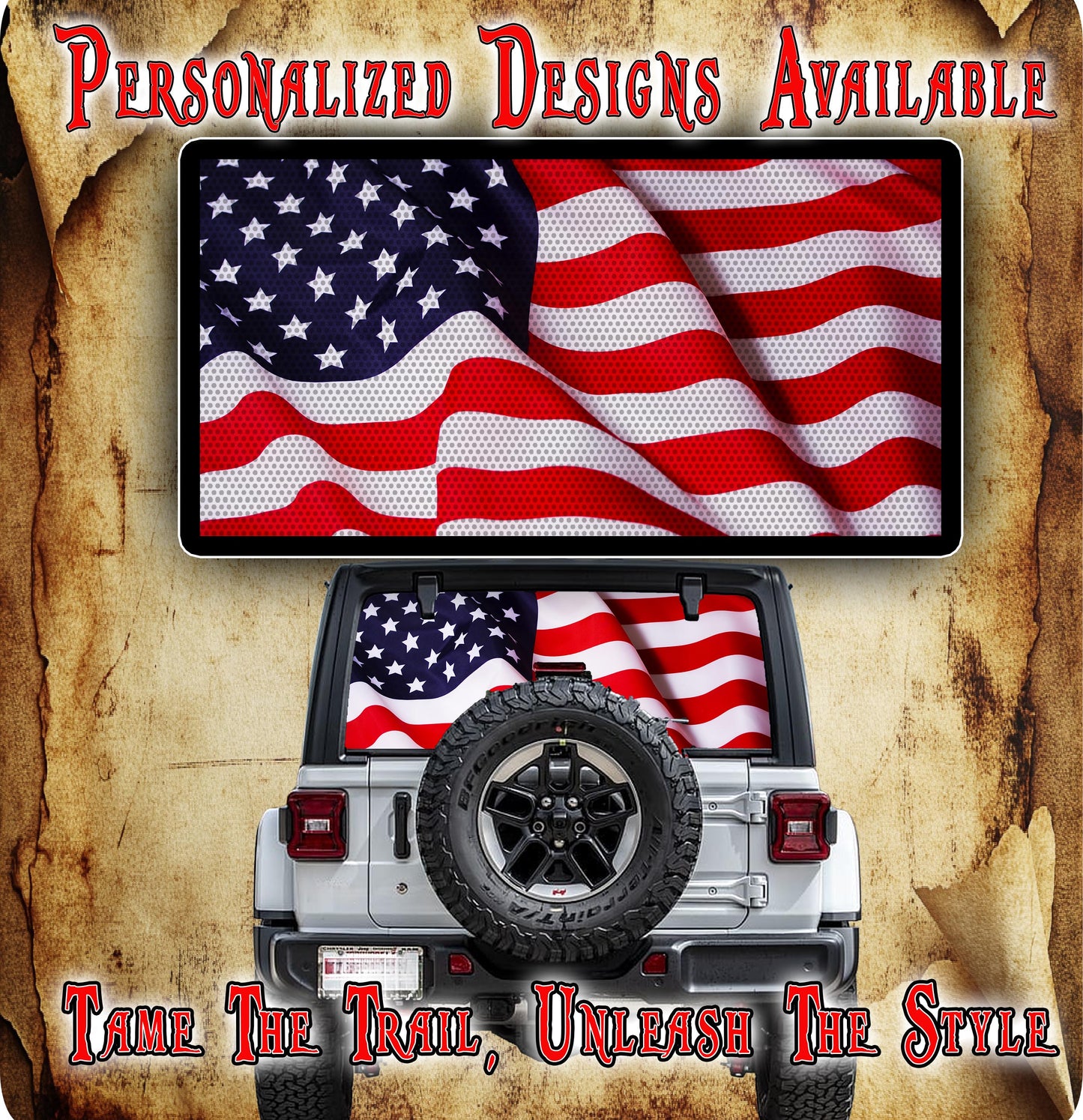 American flag Rear window see through graphic.