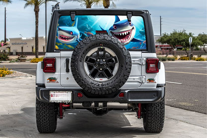 Cartoon sharks Rear window see through graphic.