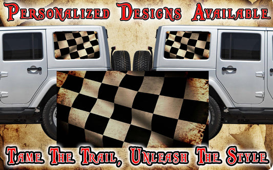 Black and bronze race flag Rear quarter window see through graphic.