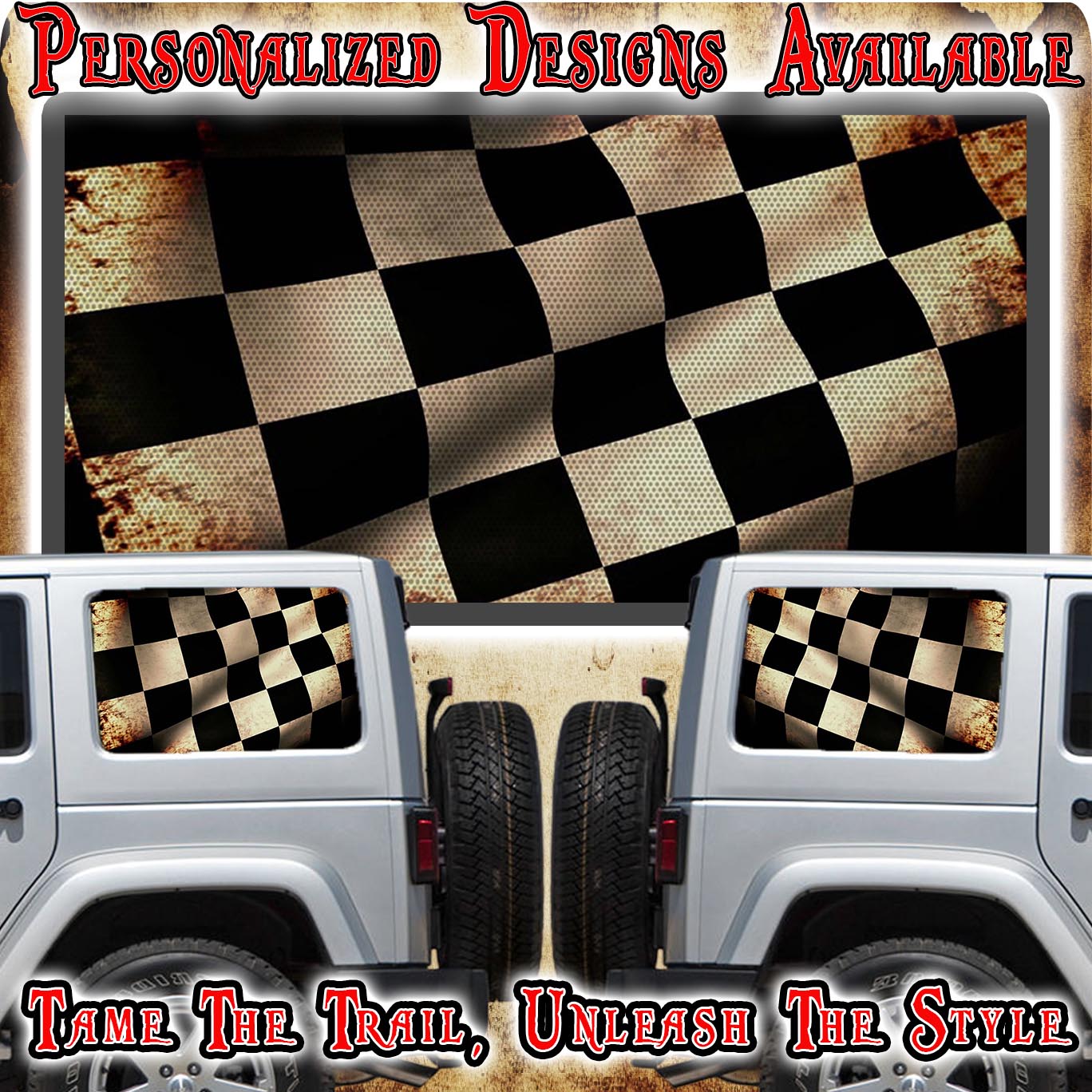 Black and bronze race flag Rear quarter window see through graphic.