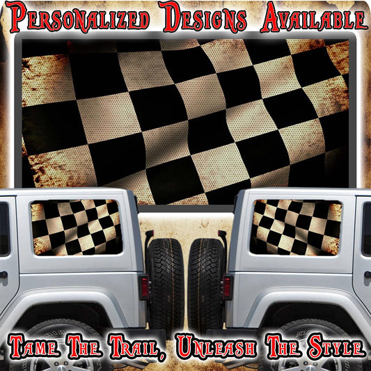 Black and bronze race flag Rear quarter window see through graphic.