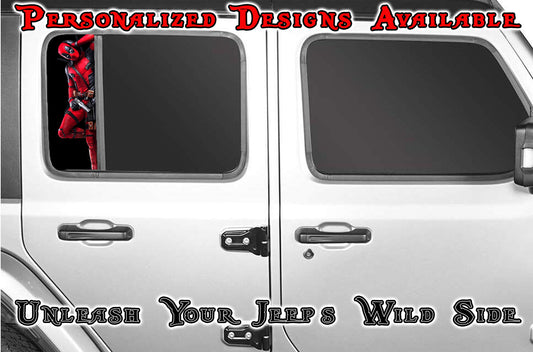 Side door window decal Deadpool relaxing
