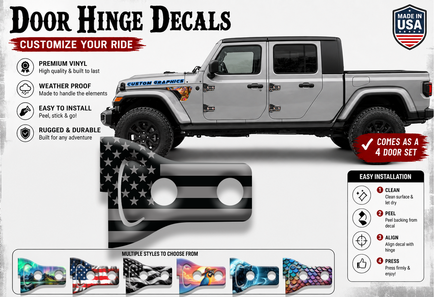American flag black and gray Door hinge decals 36