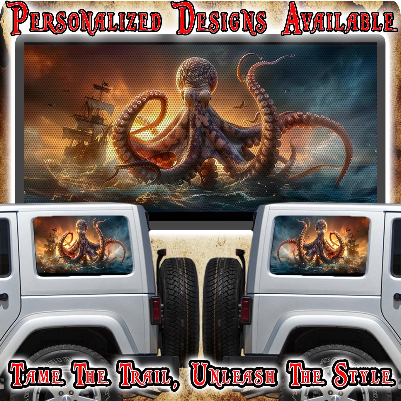 Kraken WITH BOAT Rear quarter window see through graphic.