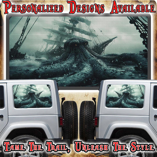Rear quarter window see through graphic. Kraken decal