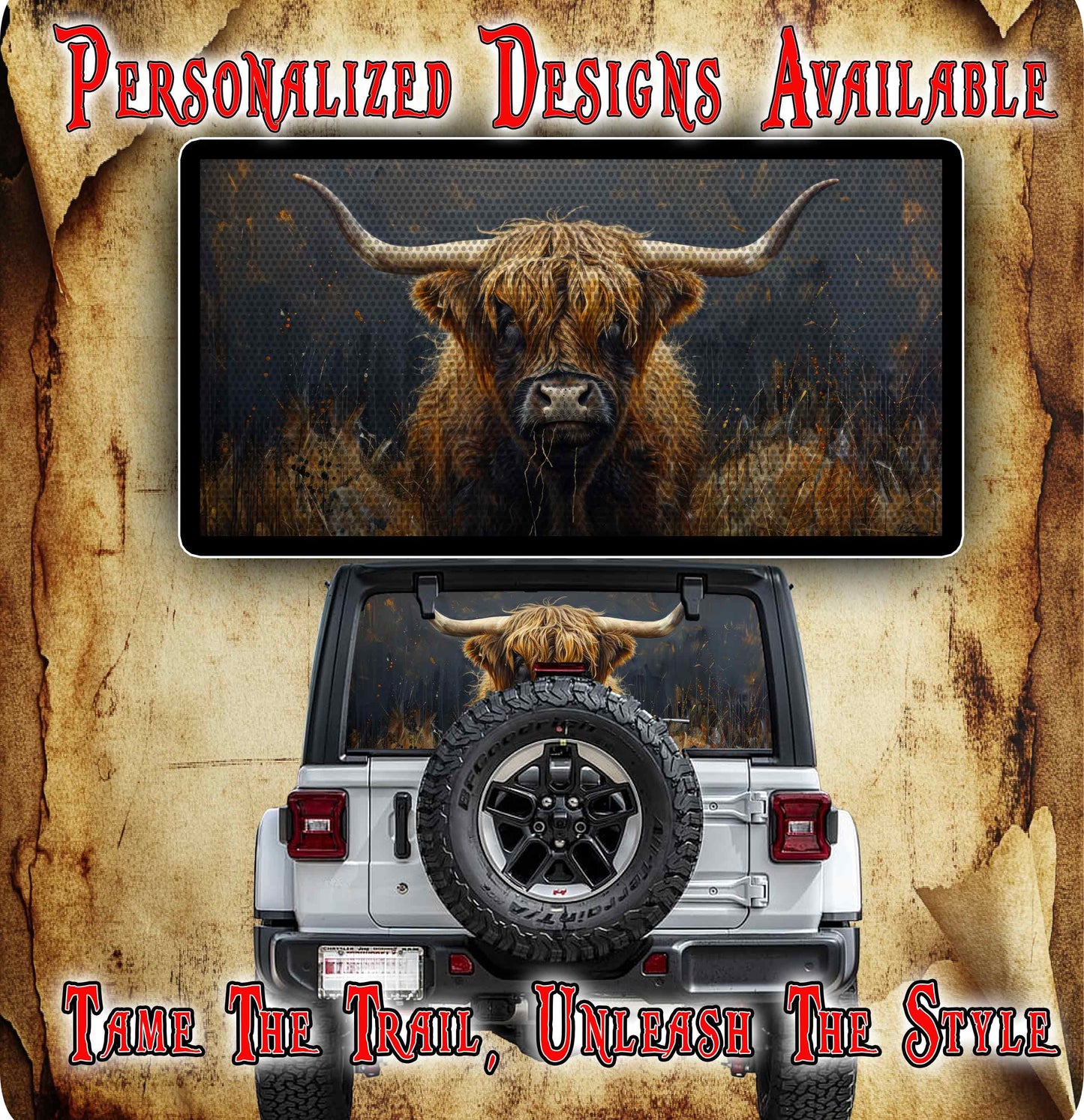 Highland cow Rear window see through graphic.