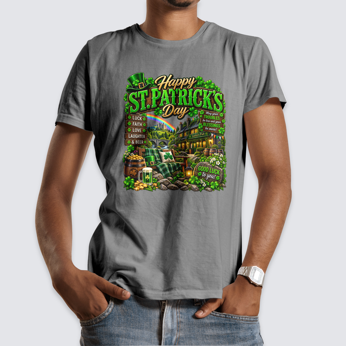 Happy St. Patrick's Day Irish Luck design on a gray T-shirt