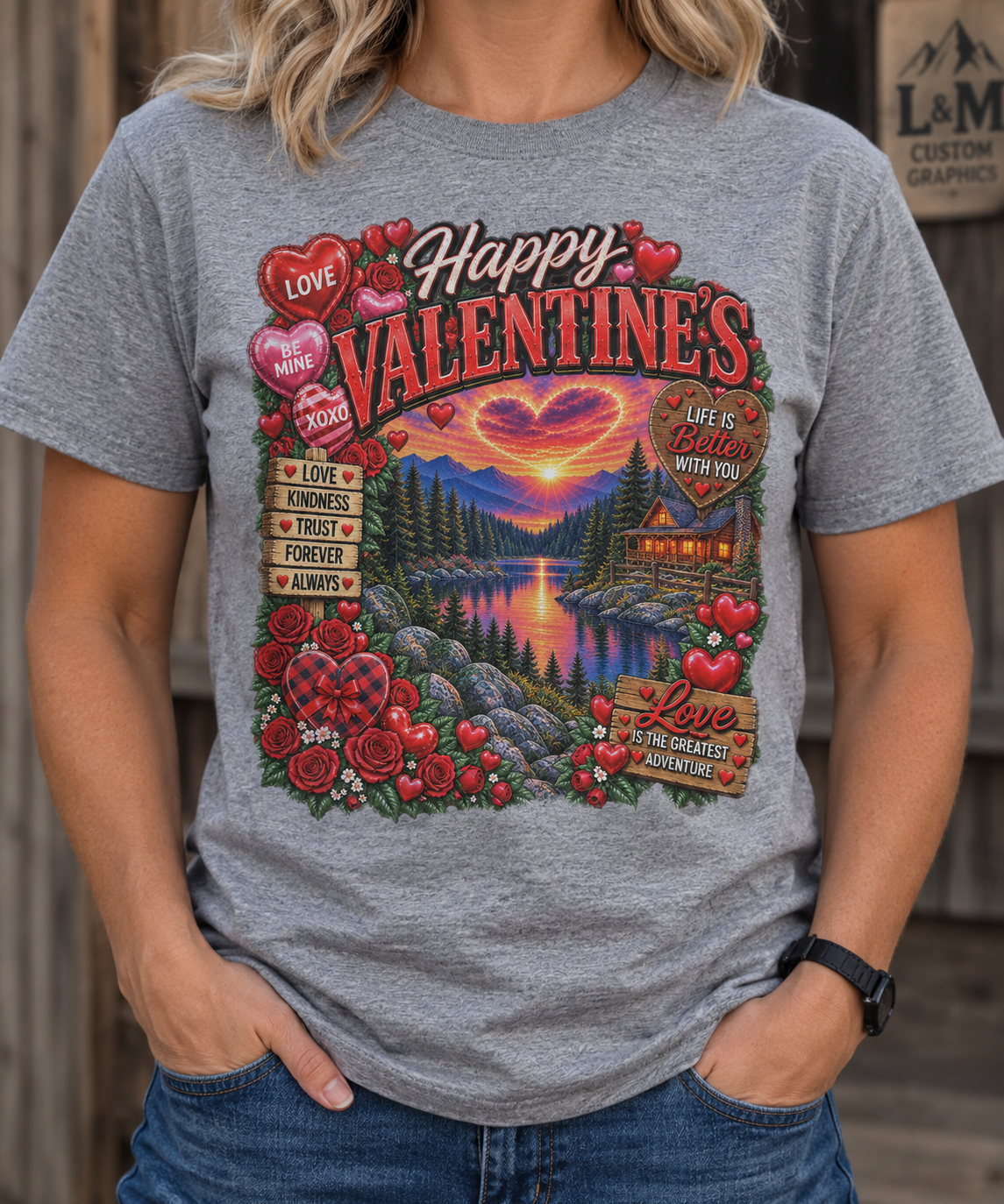 Happy Valentine's gray T-shirt lifestyle mockup