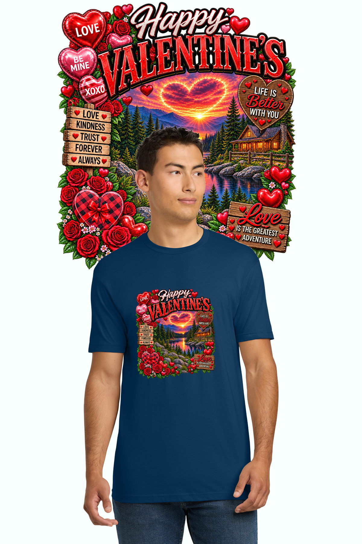 Happy Valentine's design on navy T-shirt