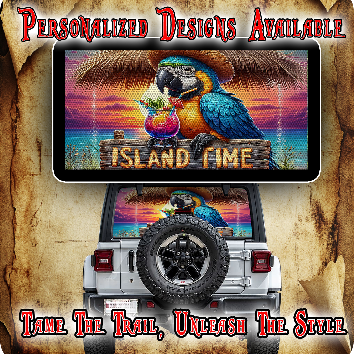 Island time Parrot Rear window see through graphic.
