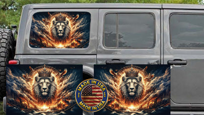 Lions head with crown Rear quarter window see through graphic.