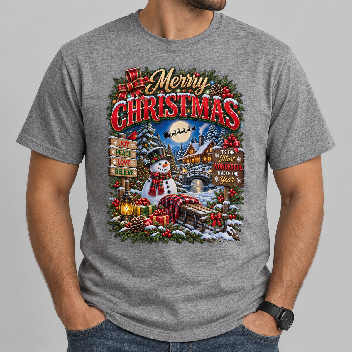 Merry Christmas holiday design printed on a gray T-shirt