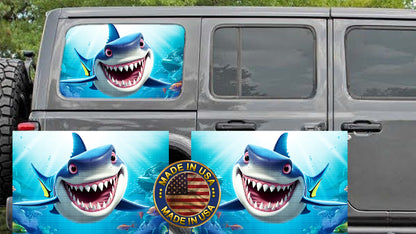 Happy Shark Rear quarter window see through graphic.