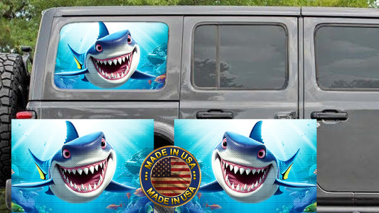 Happy Shark Rear quarter window see through graphic.
