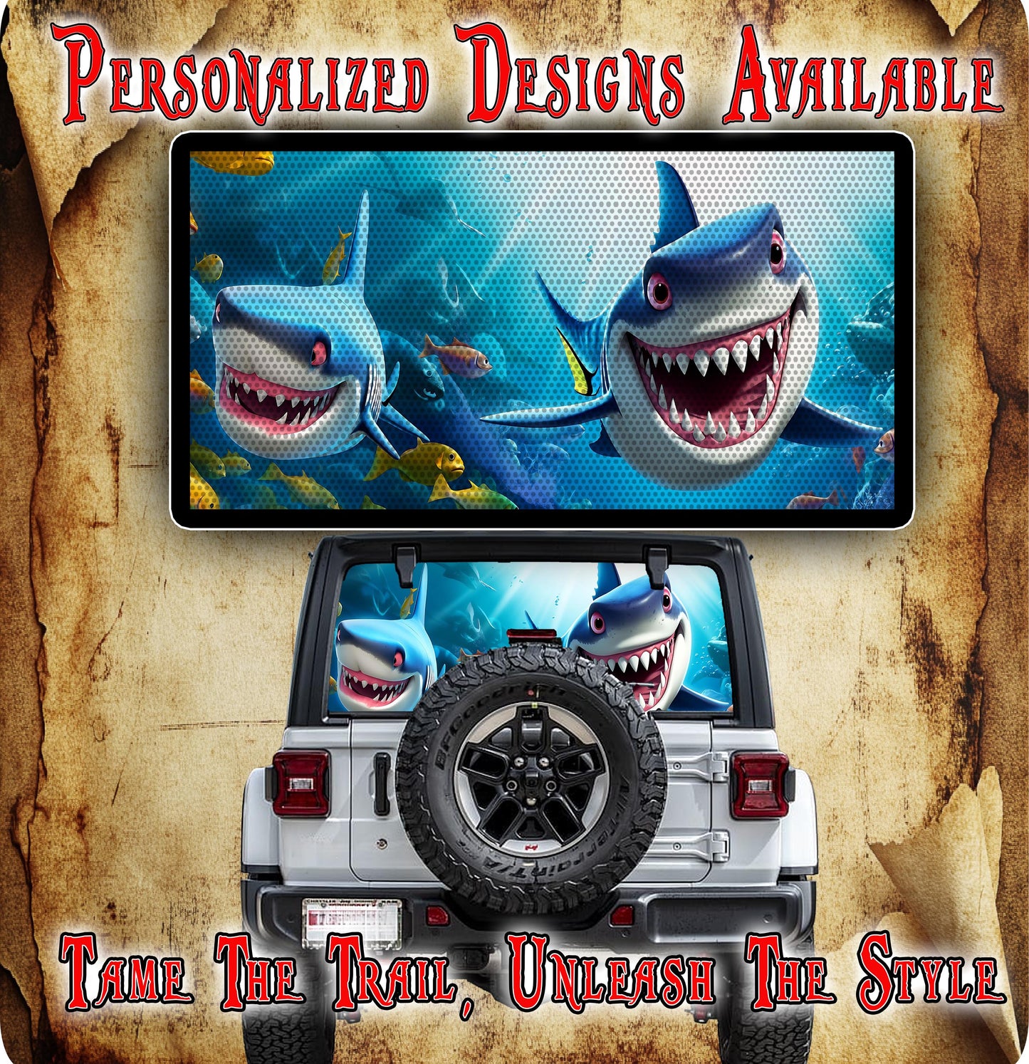 Cartoon sharks Rear window see through graphic.