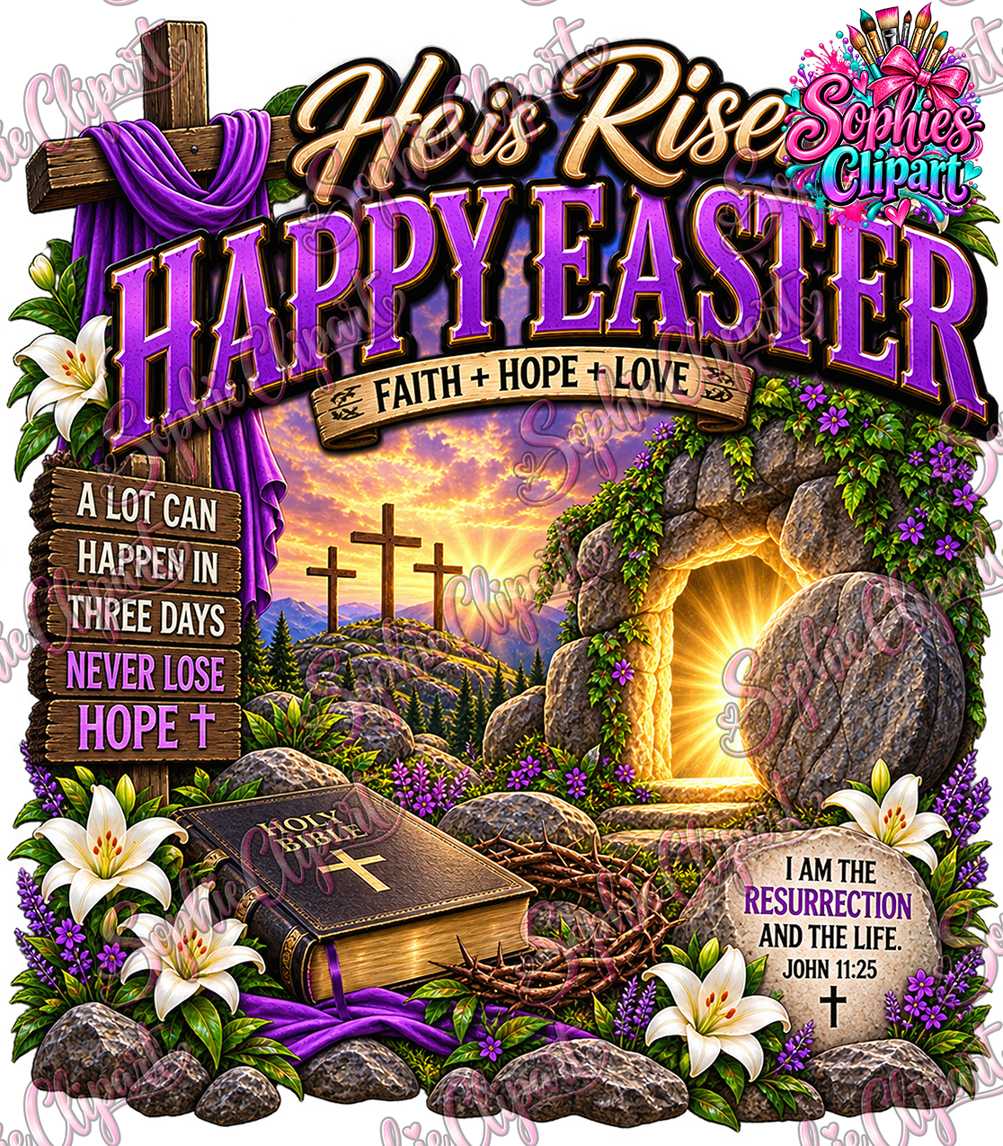 Sophie Clipart He Is Risen Easter Christian digital PNG watermarked preview