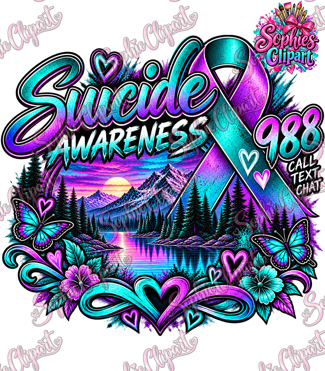 Watermarked Sophie Clipart suicide awareness 988 butterflies and hearts PNG design