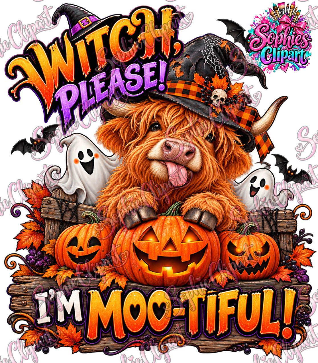 Sophie Clipart Witch Please I'm Moo-tiful Halloween Highland cow watermarked preview