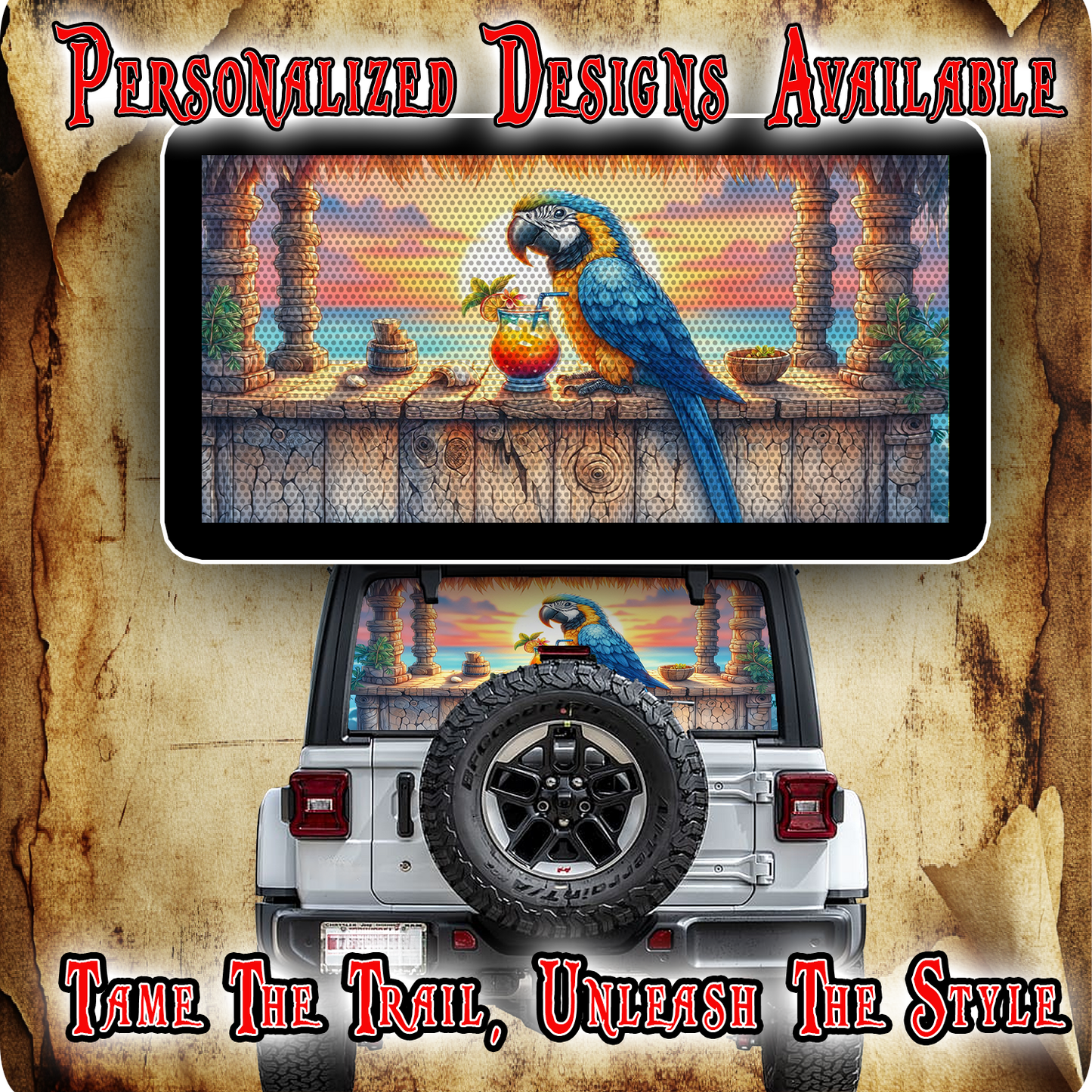 Tiki bar Parrot Rear window see through graphic.