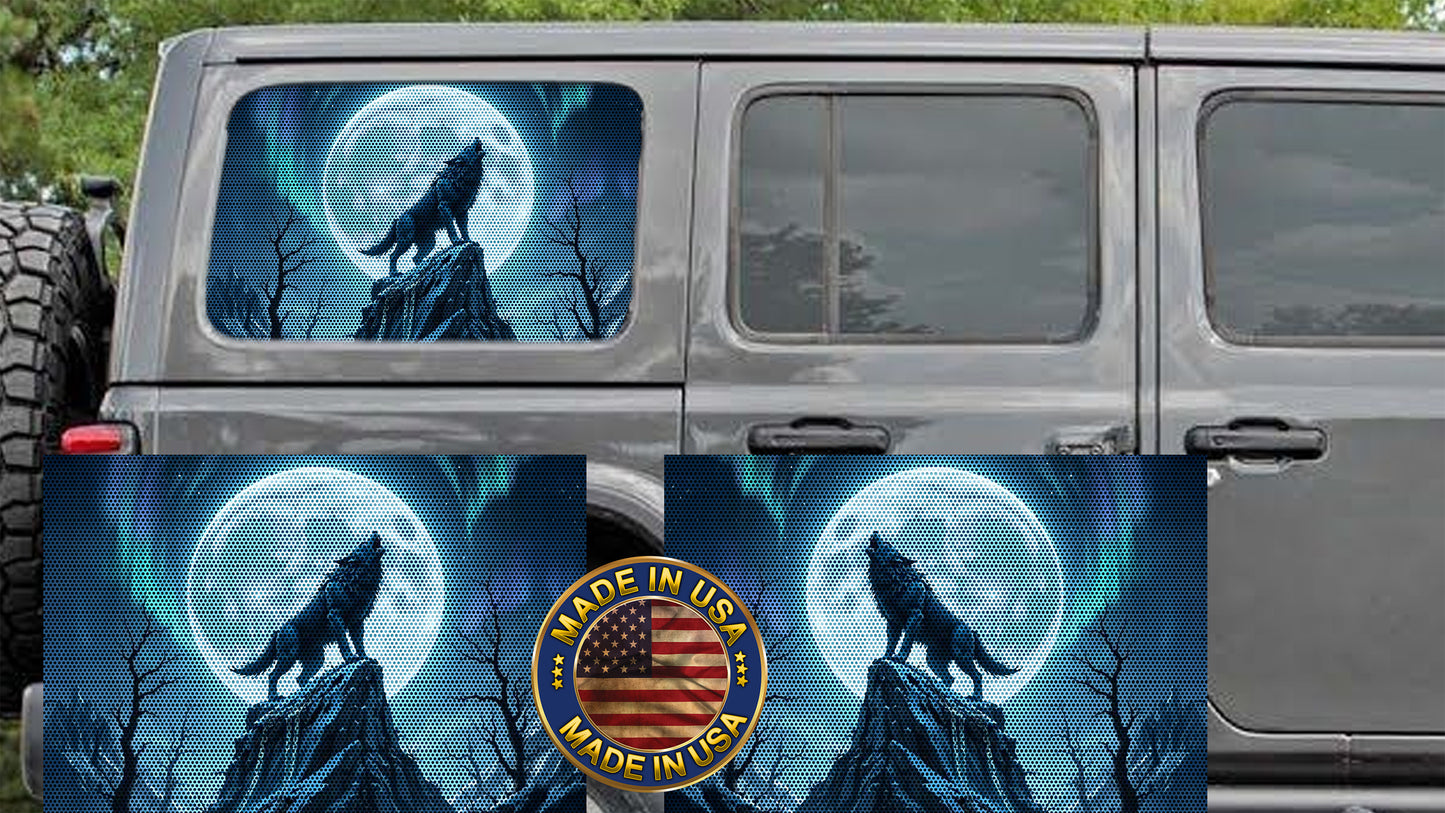 Wolf and blue moon Rear quarter window see through graphic.