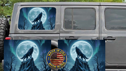 Wolf and blue moon Rear quarter window see through graphic.