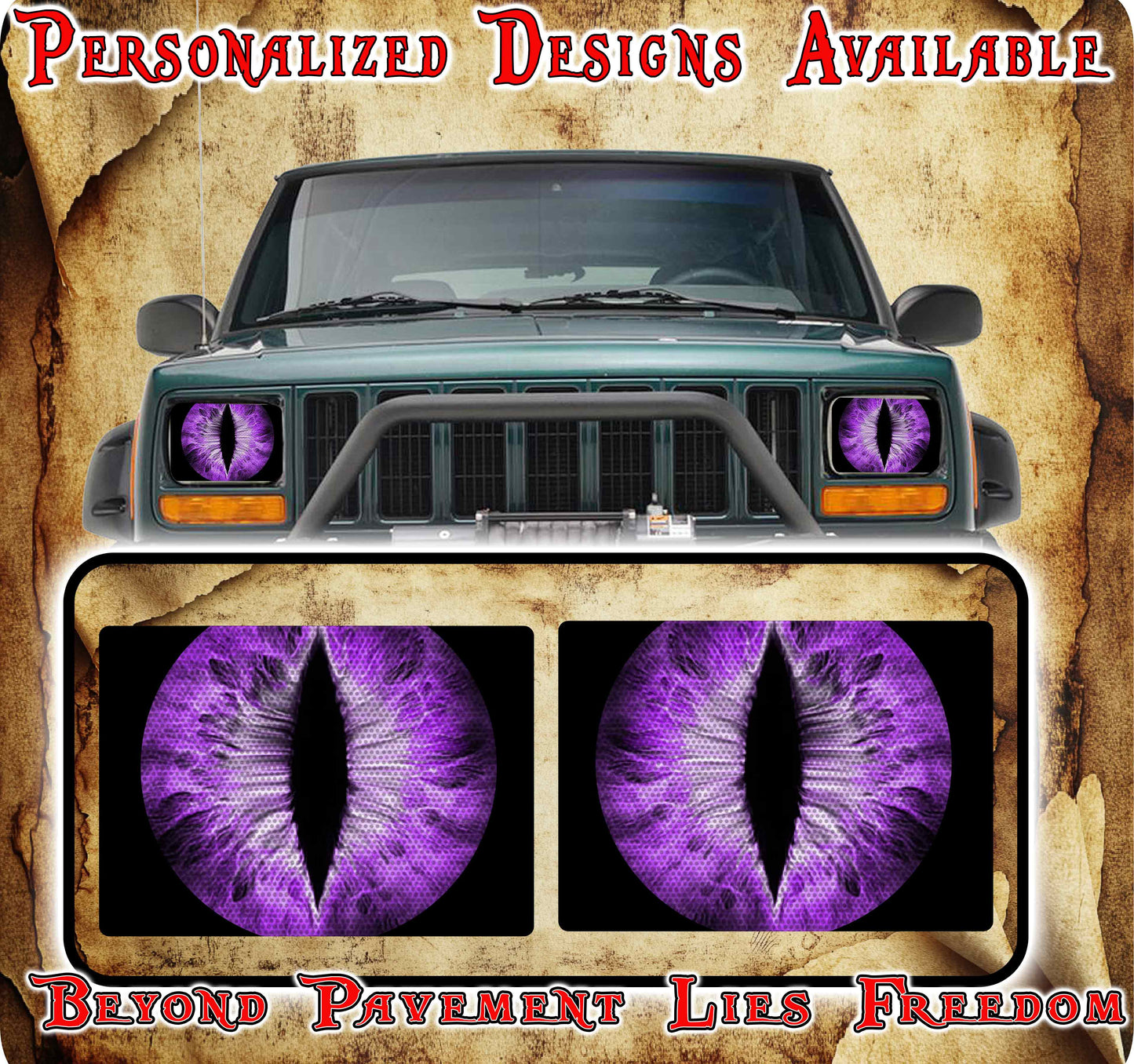 Purple Eye decals for YJ or 5x7 headlights